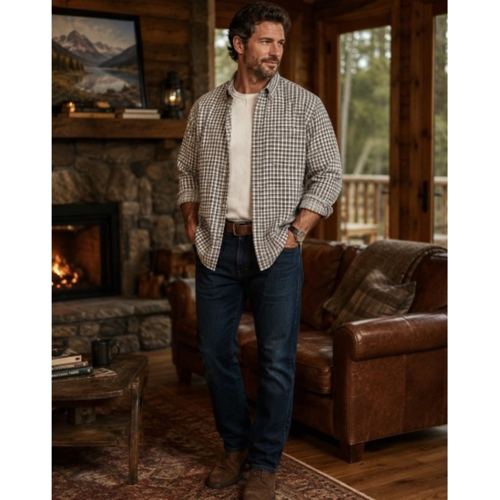 Eddie Bauer Men's XL Gray Plaid Cotton Relaxed Fit Button Down Shirt